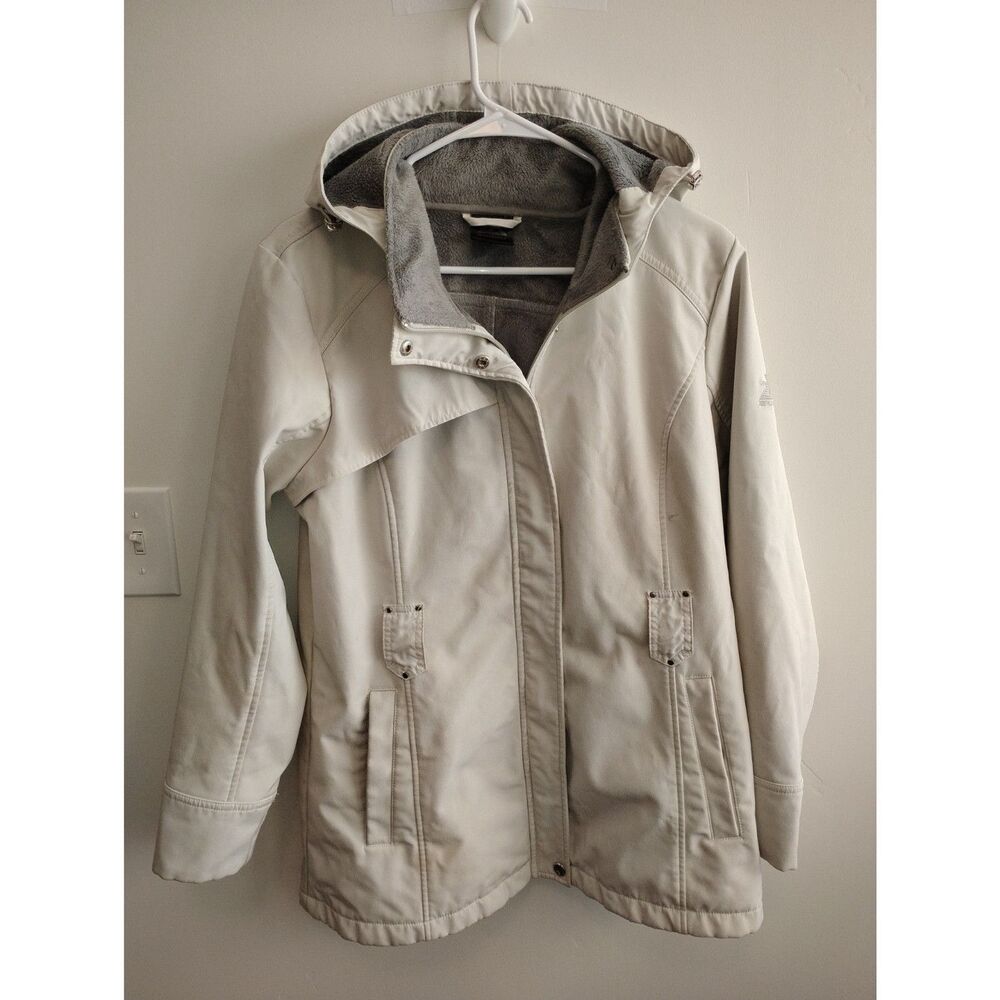 ZeroXposur Women's Hooded Soft Shell Winter Jacket Beige Fleece Lined, size L(W)